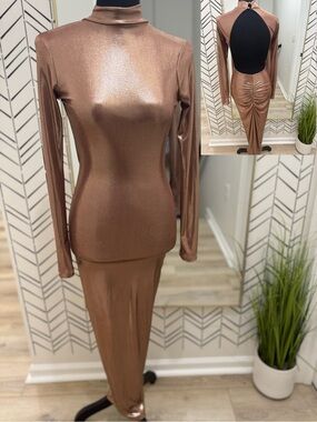Rose Gold Shimmer Open Back Mock Neck Maxi Dress